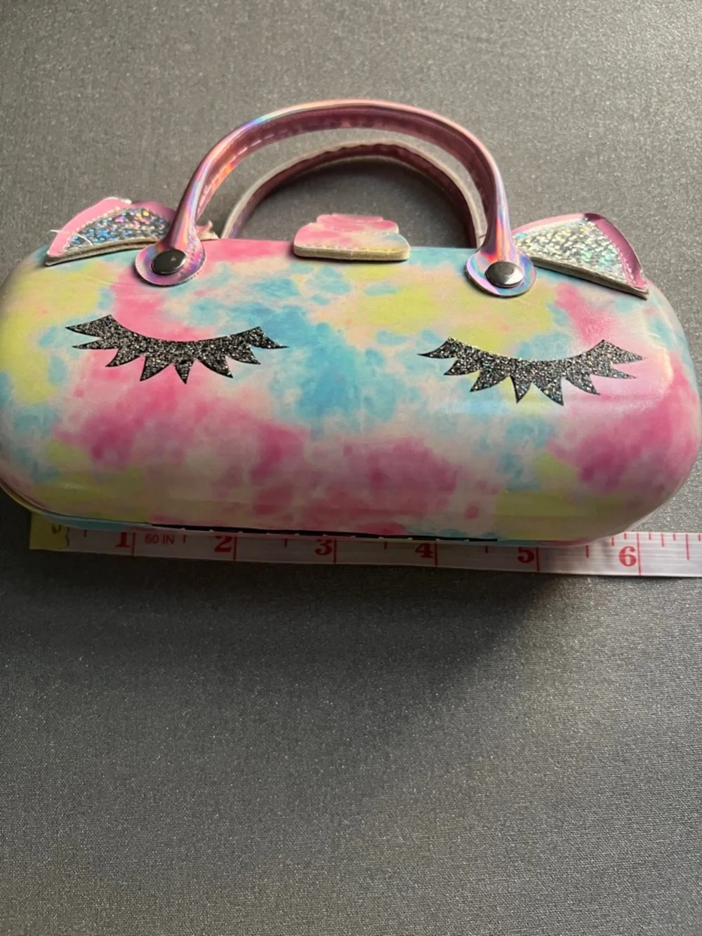 Unicorn Pastel Tie-Dye Glitter Eyelashes Ears Top-Handle Sunglasses 6” Case
